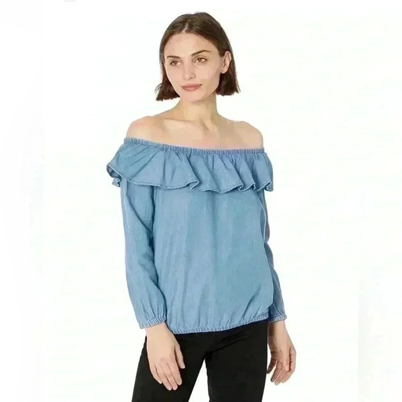 MICHAEL Michael Kohrs Chambray Denim Off Shoulder Ruffle Blouse Top Size Large. - Picture 10 of 13